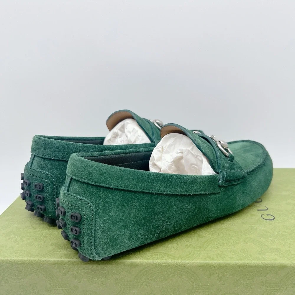 Gucci Driver Loafers Moccasin GG Horsebit Vintage Green Suede Womens UK 7 US 10